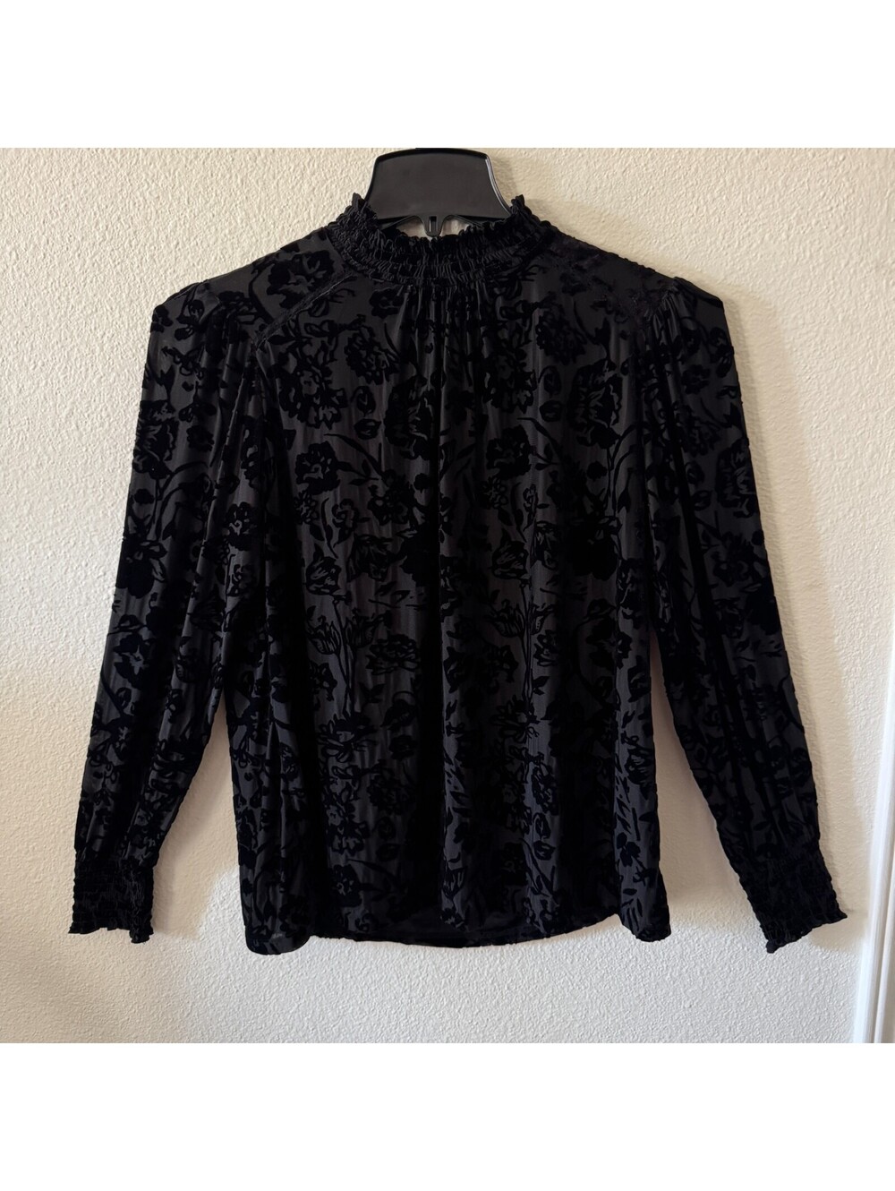 Velvet Burnout Top M Black Mock Neck Bishop Long Sleeve Vampire Victorian Gothic